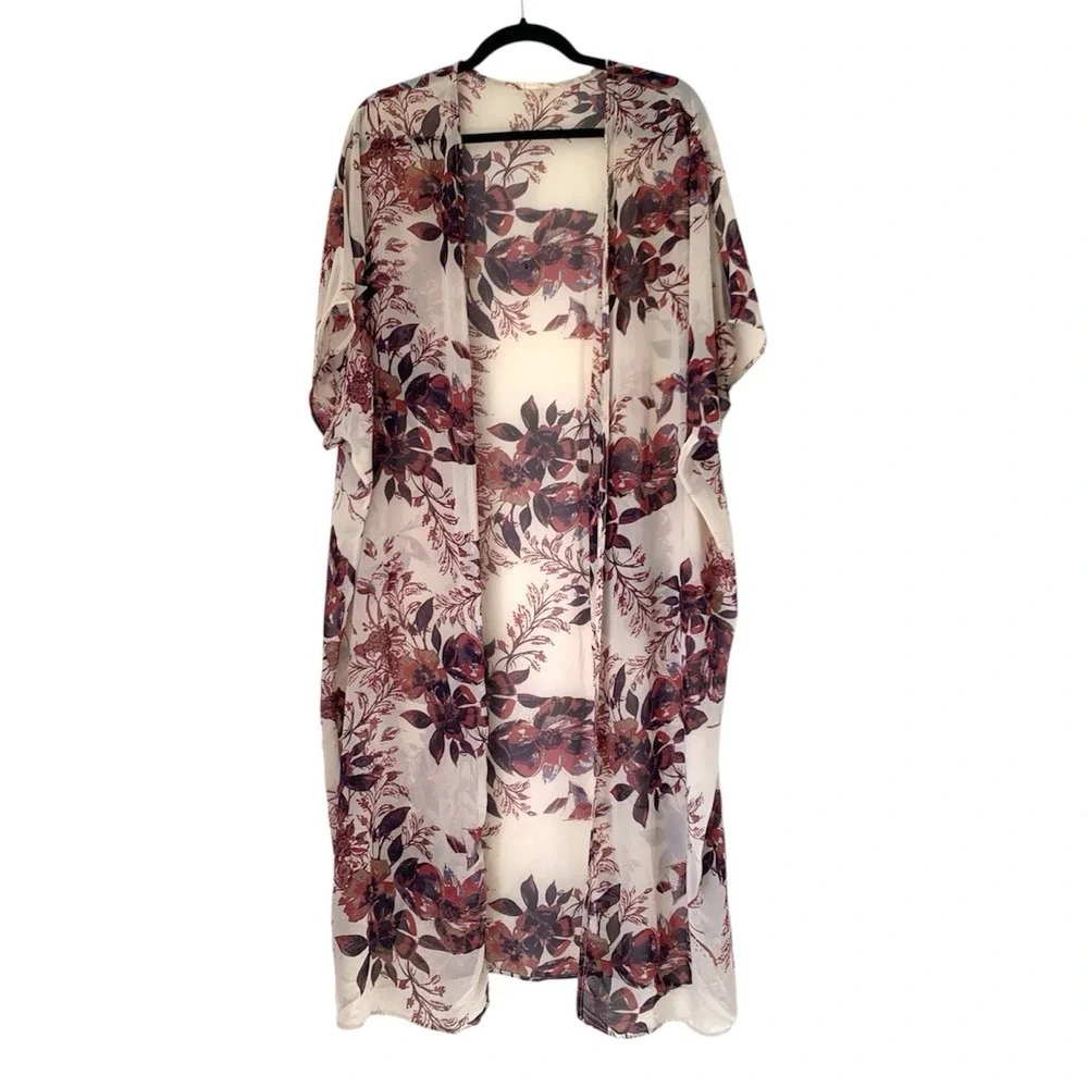 Emory Park Duster Kimono‎ Women OS Ivory Burgundy Purple Floral Sheer Longline
